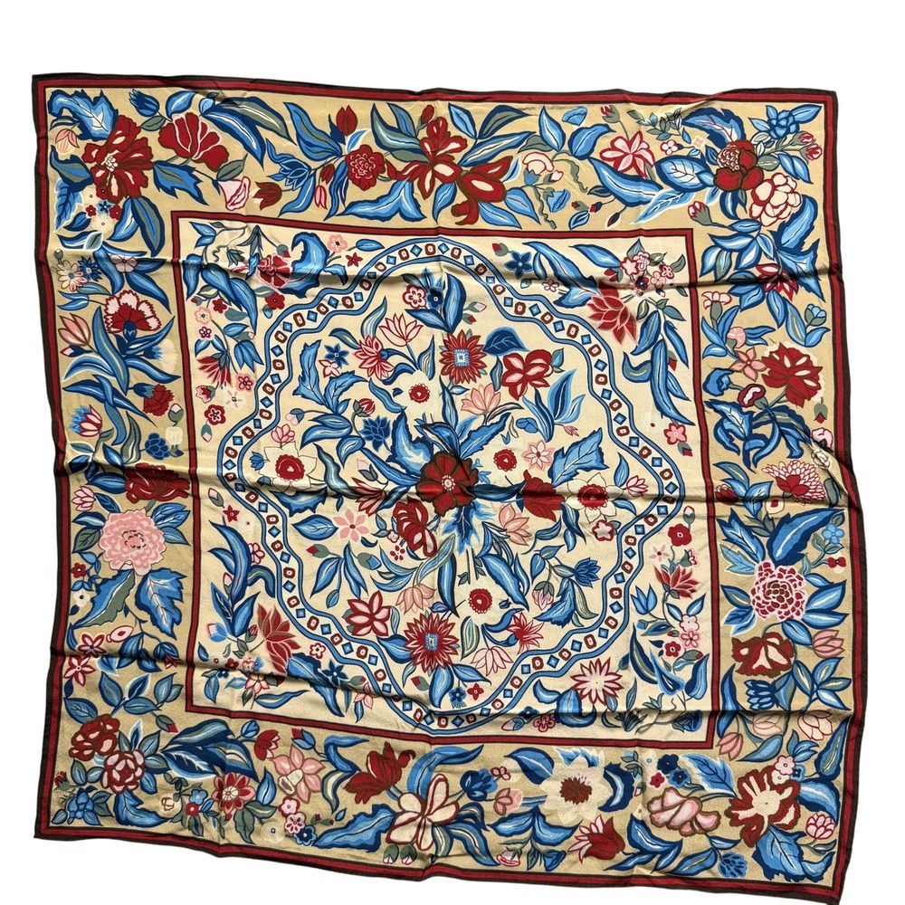 Colonial Williamsburg Silk Scarf Womens OS Tan Red Blue Floral Vintage Japan